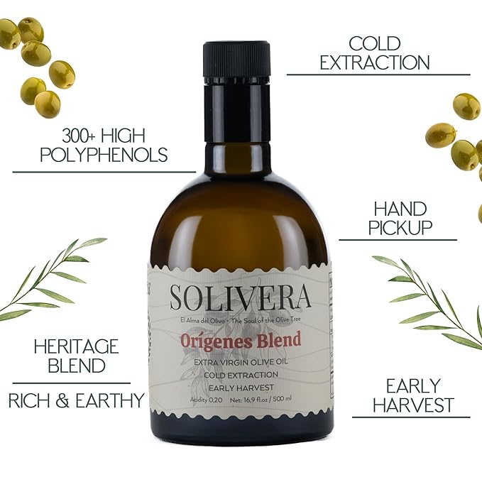 Solivera Orígenes Blend Extra Virgin Olive Oil Cold Pressed, 300+ High Polyphenols, Heritage Blend, Rich & Earthy, Single-Origin Organic Olive Oil, Hand Picked Early Harvest - 16.8 fl. oz. (Orígenes Blend)