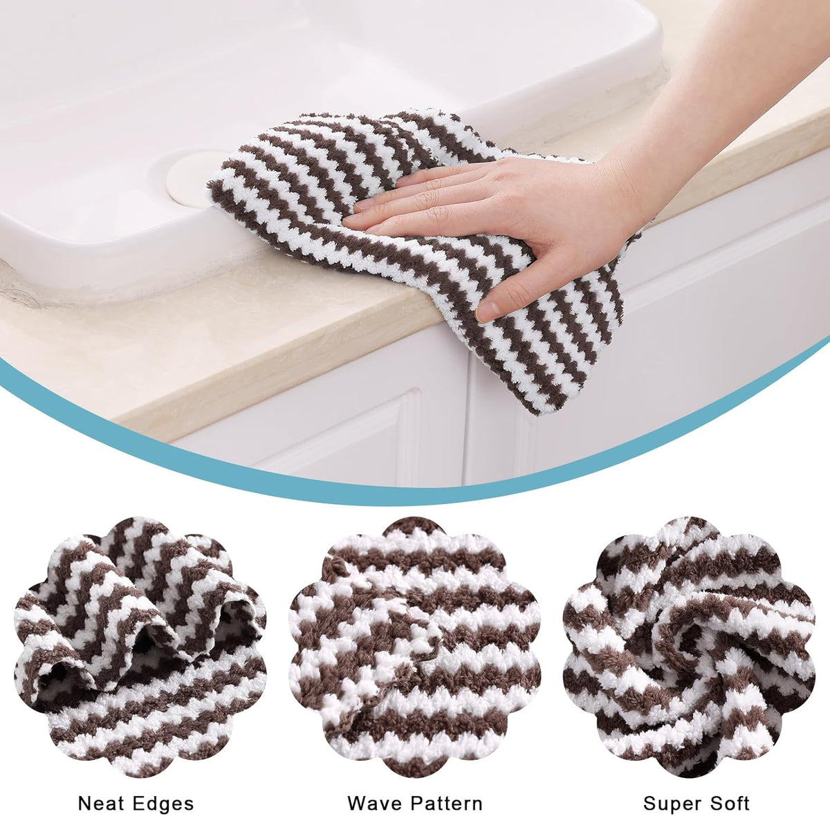 Homaxy Kitchen Towels(12 Pack, 10 x 20 inches), Ultra Soft and Absorbent Dish Towels, Reusable Fast Drying Microfiber Cleaning Cloth, Coral Velvet Wave Design No-lint, Brown