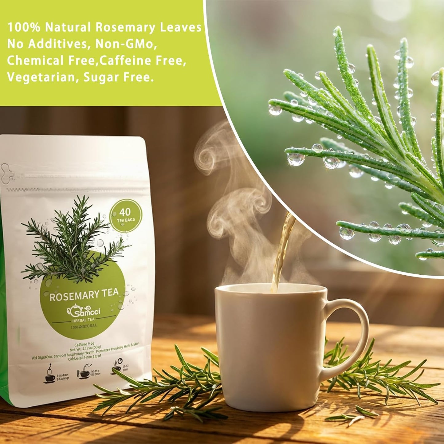 Samcci Rosemary Tea Bags, 40 Count, Pure Dried Rosemary Leaves Herbal Tea | Te De Romero,Distinct Flavor &amp; Support Digestion, No Additives, Non-GMO, Caffeine-Free, Resealable Pouch