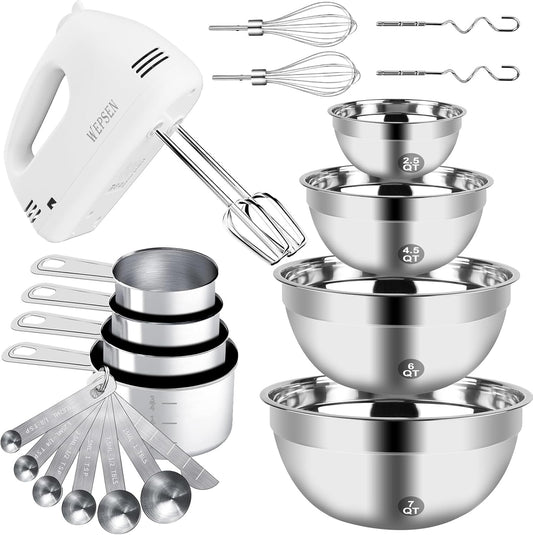 Hand Mixer Electric Mixing Bowls Set, 5 Speeds Handheld Mixer with 4 Nesting Stainless Steel Mixing Bowl, Measuring Cups