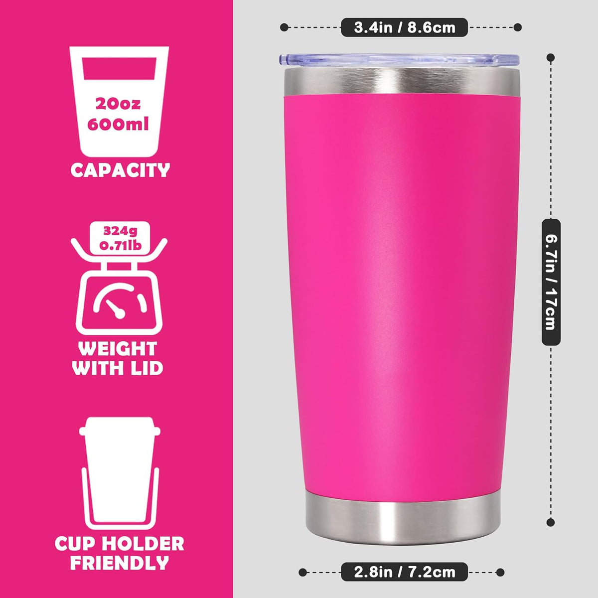 20oz Tumbler Stainless Steel Tumbler Cup with Lid Vacuum Insulated Double Wall Travel Mug, Durable Powder Coated Travel Coffee Tumbler Mug for Hot & Cold Drinks, Hot Pink,4 Pack
