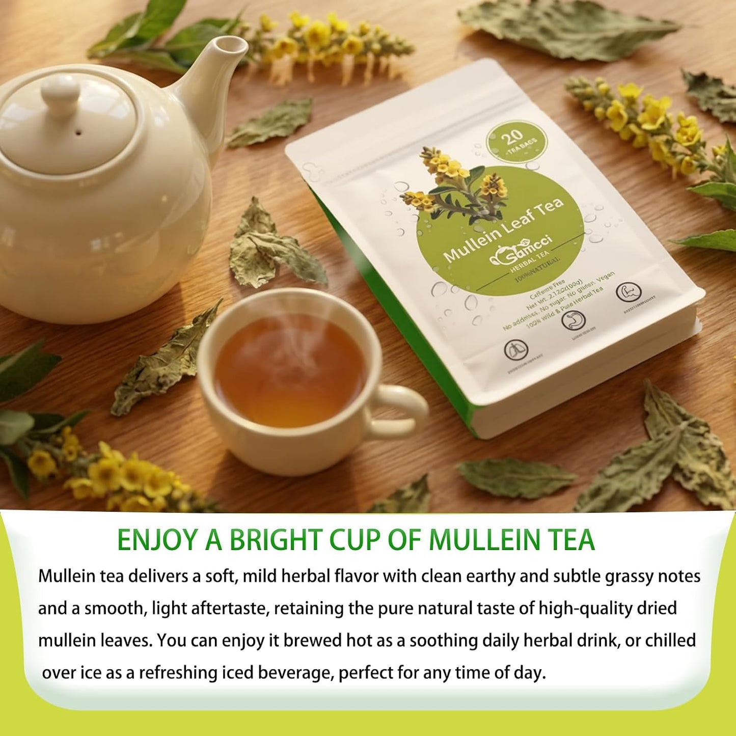 Samcci Mullein Leaf Tea Bags, 3g x 20 Count - Herbal Tea for Lungs | Original Compression Tech, 100% Pure Mullein Tea for Respiratory Support, Natural, Non-GMO, Caffeine &amp; Additives Free