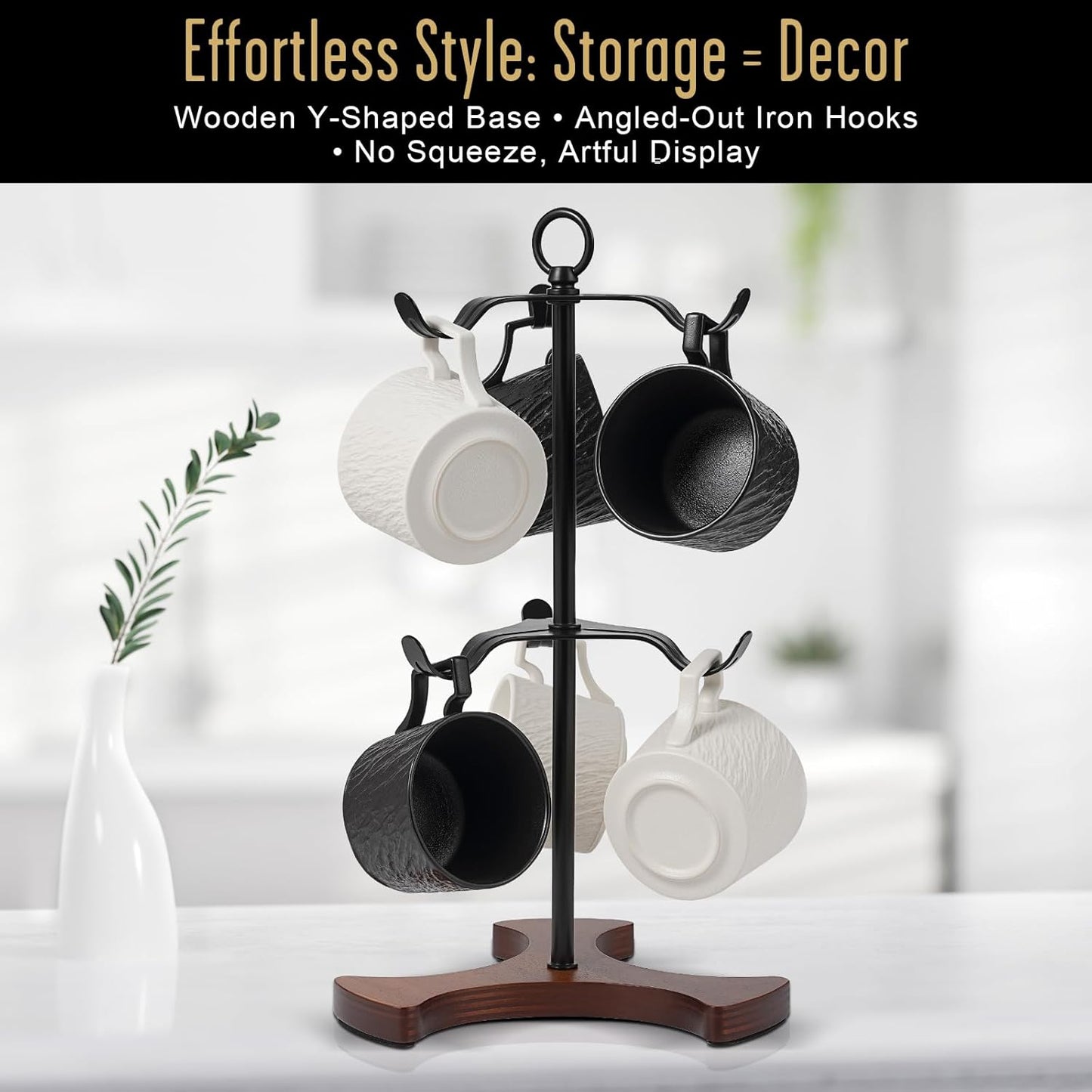 Mug Tree Y-Shaped, Coffee Mug Holder with Angled - Out Iron Hooks (No More Squeezing!), Solid Wood Base & Sturdy Iron Coffee