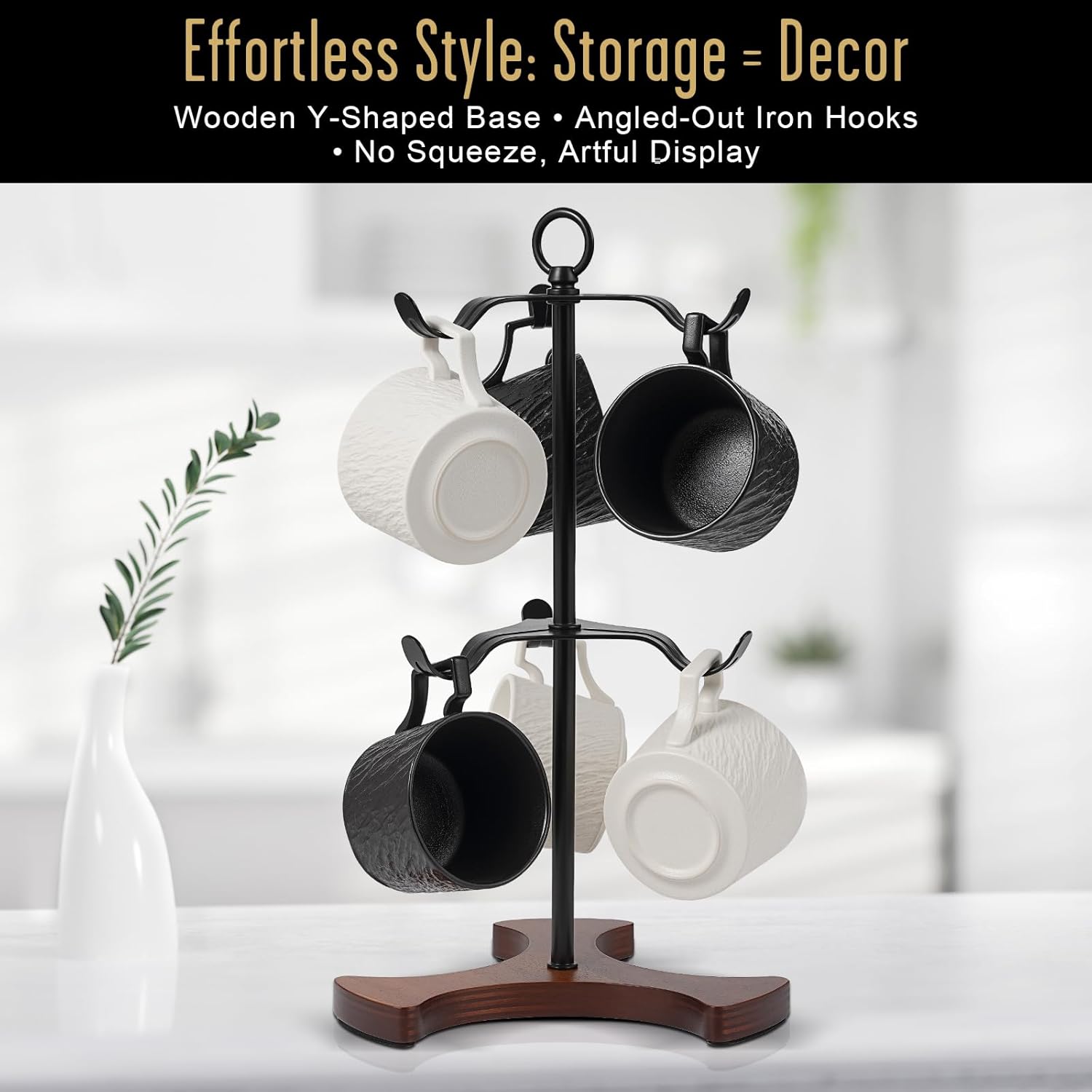 Mug Tree Y-Shaped, Coffee Mug Holder with Angled - Out Iron Hooks (No More Squeezing!), Solid Wood Base & Sturdy Iron Coffee