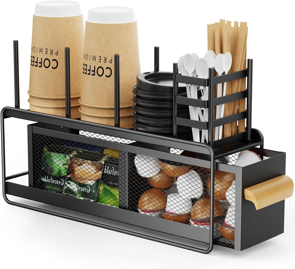 GSlife Narrow Coffee Bar Organizer - Countertop Station with Drawer, Black | Only 4.5 in Wide, Pull-Out Pod Drawer, Cup &amp; Lid Holders, Stirrers, Straws &amp; Condiment Storage, for Coffee Bars &amp; Breakrooms