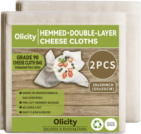 Olicity Cheese Cloths, 2PCS, Double-Layer, 20x20Inch, Reusable Grade 90 Cheese Cloth Bag for Straining, Hemmed Unbleached