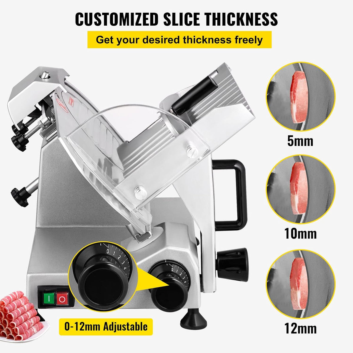 VEVOR Commercial Meat Slicer, 200W Electric Deli Food Slicer, 0-12mm Adjustable Thickness Electric Meat Slicer, 350-400RPM Slicer with 8.7'' Chromium-plated Steel Blade for Home &amp; Commercial Use