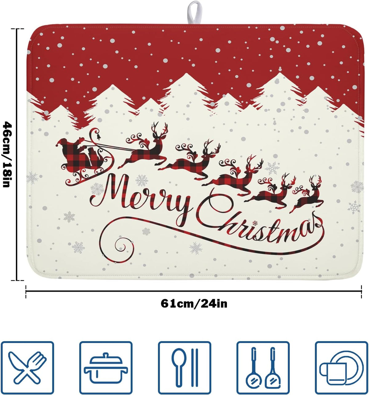 Christmas Moose Dish Drying Mat 18x24 for Winter Santa Claus Kitchen Counter Decor Absorbent Reversible Microfiber Deers