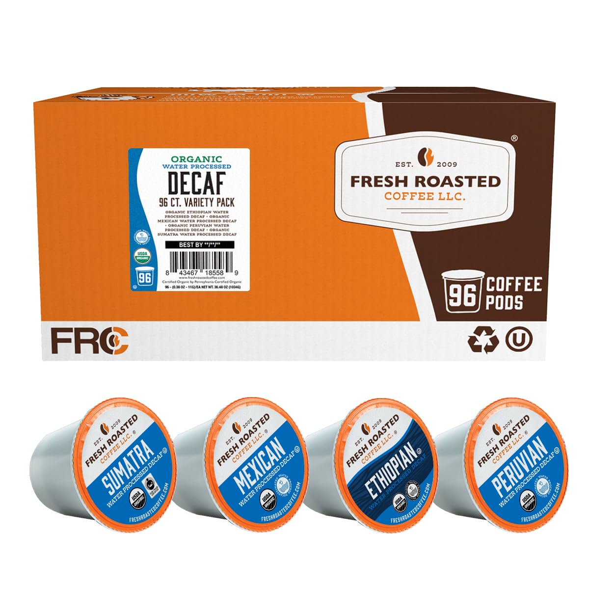 Fresh Roasted Coffee, Organic Variety Pack Water-Processed Decaf K-Cup Pods for Keurig Brewers, Medium Roast, USDA Organic, Kosher, 96 Count Loose Pack