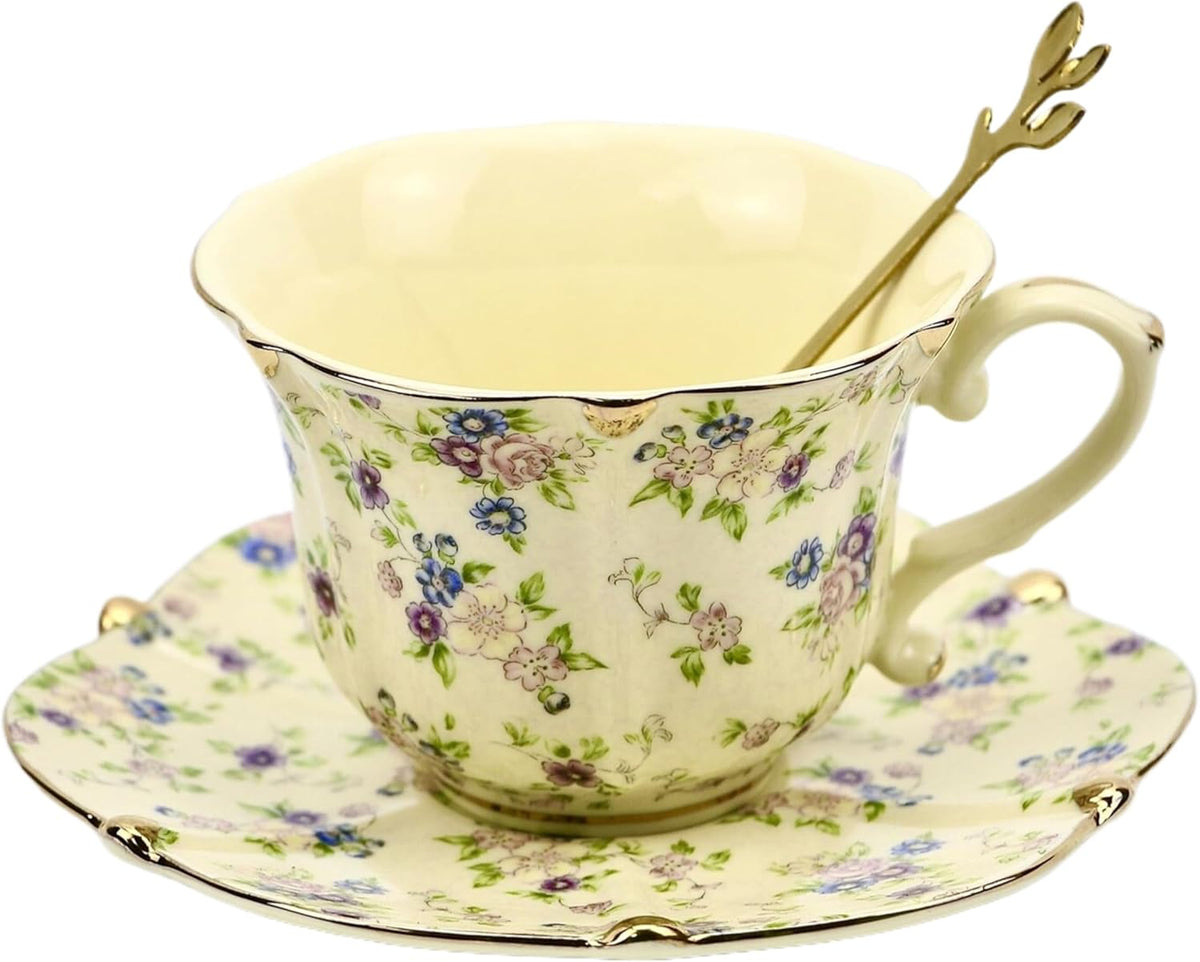 TATSUMI Country Roses Bone China Tea Cup and Saucer Set, 3 Pieces, Vintage Style, For Women and Tea Parties(yellow,1 Set)