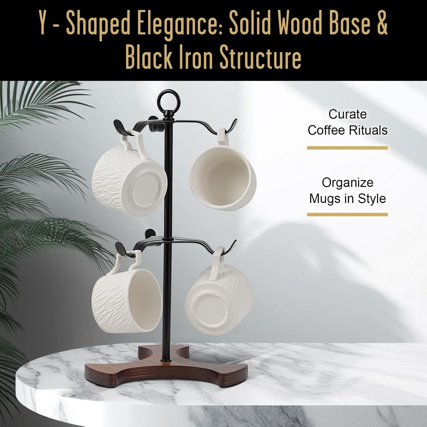 Mug Tree Y-Shaped, Coffee Mug Holder with Angled - Out Iron Hooks (No More Squeezing!), Solid Wood Base & Sturdy Iron Coffee