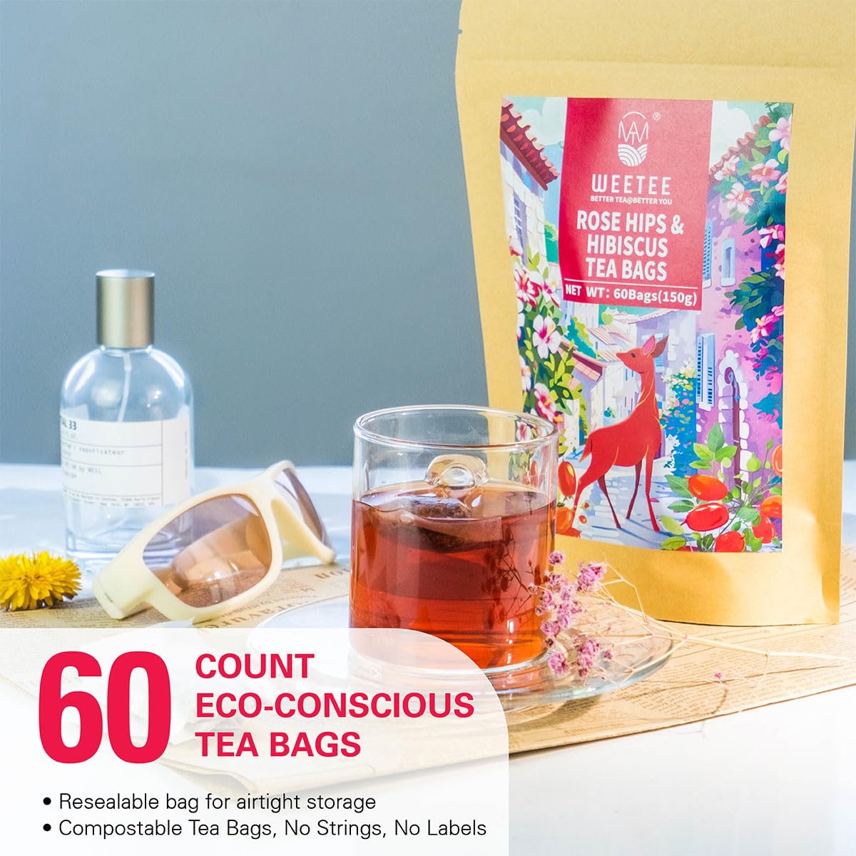 WT WEETEE Rosehips Hibiscus Tea Bags 60 Count, Caffeine-free &amp; Antioxidants