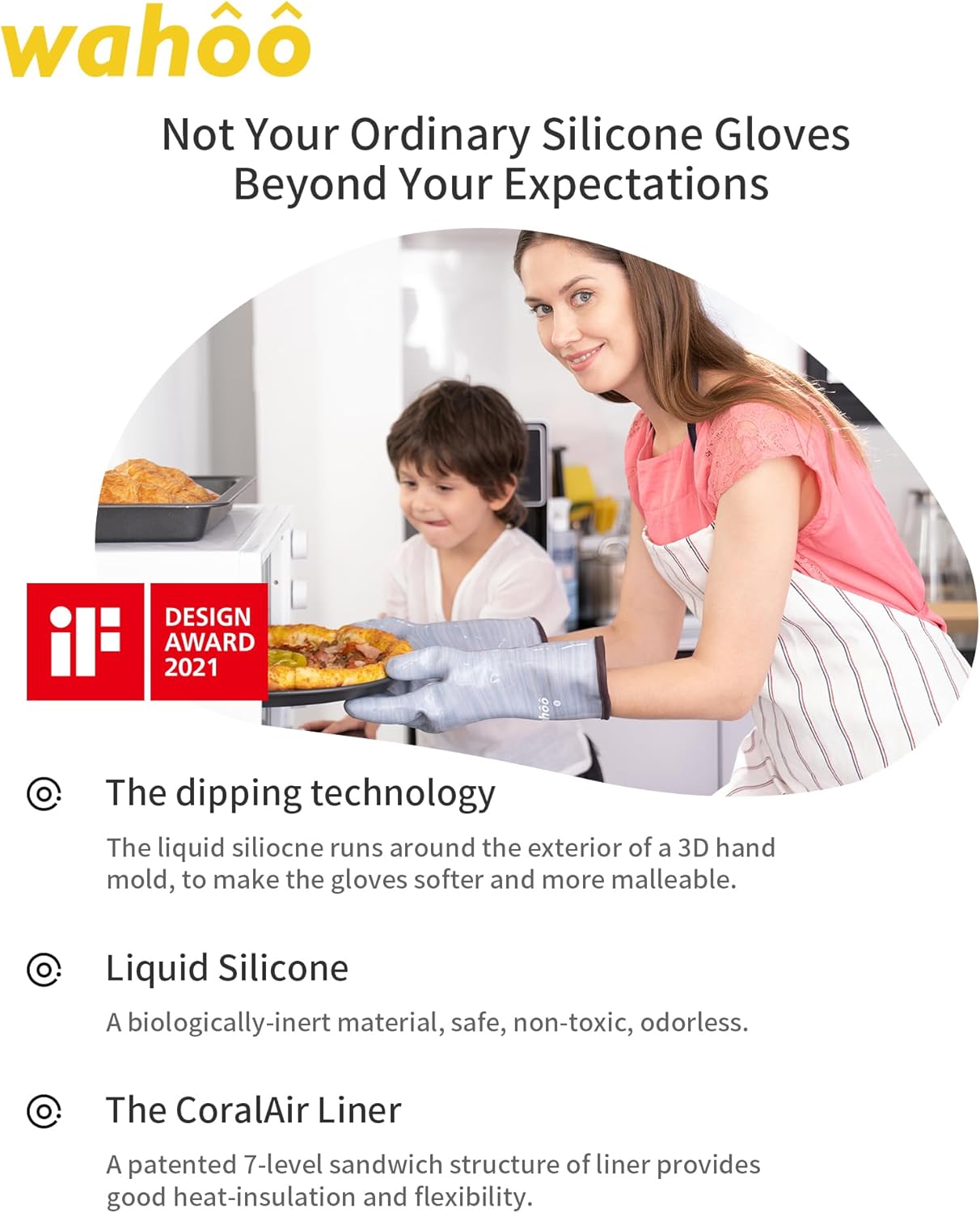 wahoo Professional Liquid Silicone Oven Mitts Gloves, Heat Resistant Gloves for Cooking, Baking, CoralAir Liner, 12 Inch,
