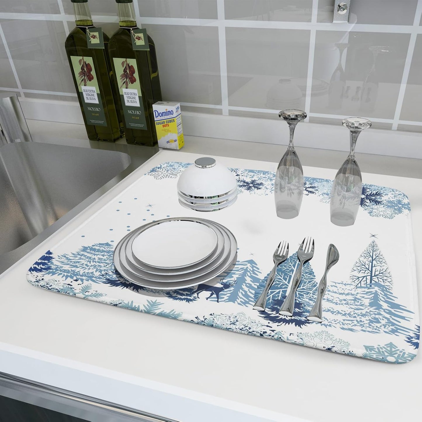 Winter Blue Snowflake Dish Drying Mat Christmas Tree Kitchen Counter Dish Drainer Mats Xmas Forest Deer Moose Dish Dry Pad