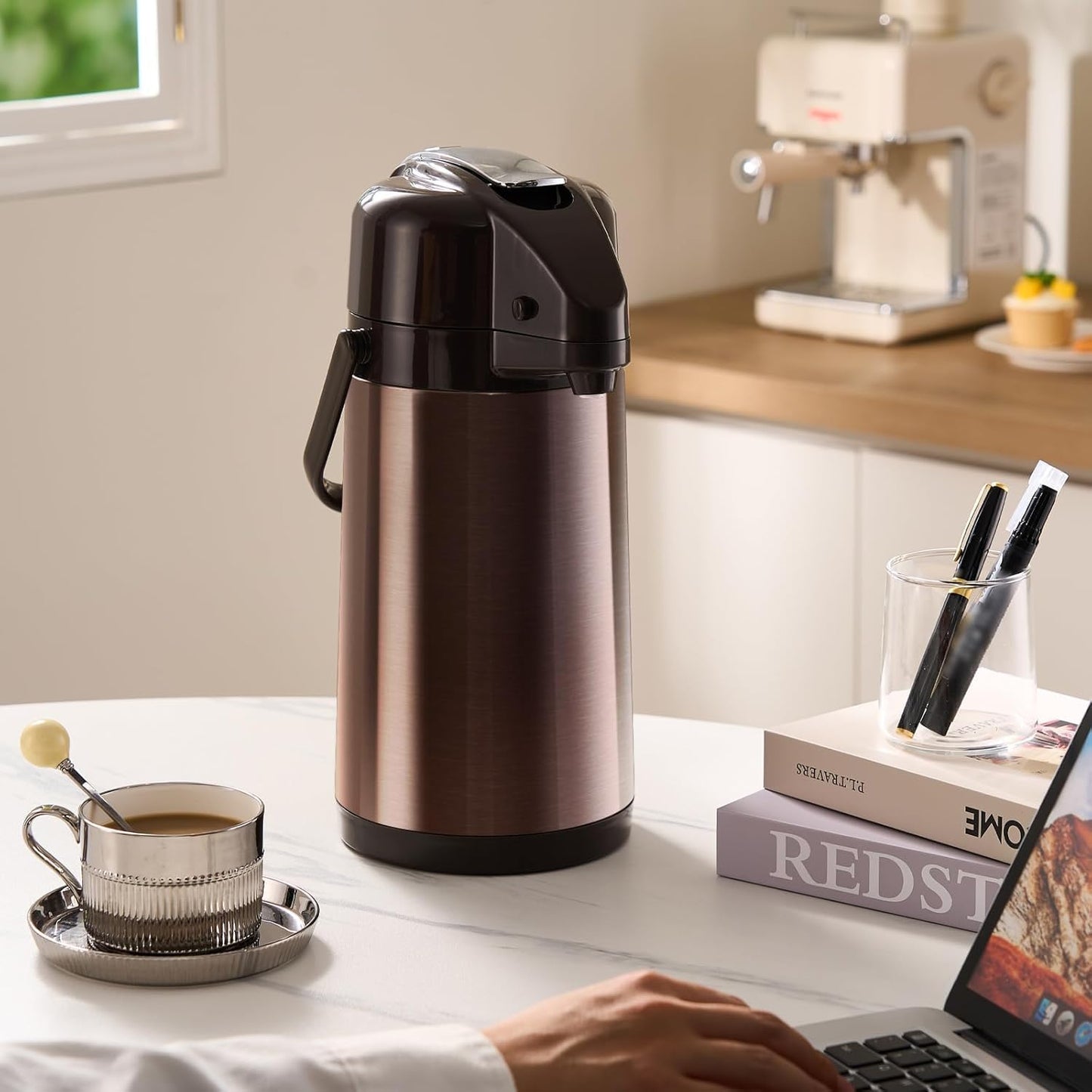PARACITY Coffee Carafe, 84.5 fl oz/2.5 L Airpot Coffee Dispenser with Pump | Vacuum insulated stainless steel beverage dispenser uses dual pumps and a 360° base for 24-hour hot or 48-hour cold service.