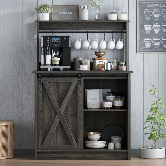 4ever2buy Farmhouse Coffee Bar with Hutch, 31 Inch Buffet Cabinet with Sliding Barn Door, Storage Bar Cabinet with 6 Hooks,