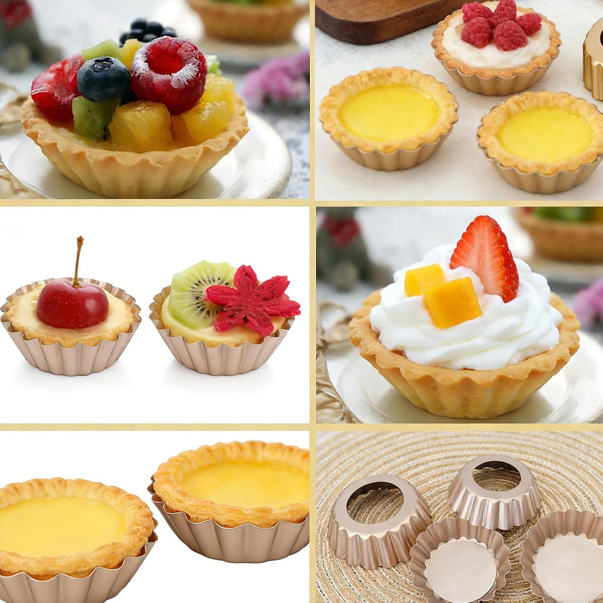 DATANYA Mini Tart Pans Removable Bottom 3 Inch, Carbon Steel Nonstick Quiche Pan Pie Tart Tin Mold, 0.8inches High for Baking Tartlets, Pies, Cakes, Cupcakes - Premium Champagne Gold 12PCS
