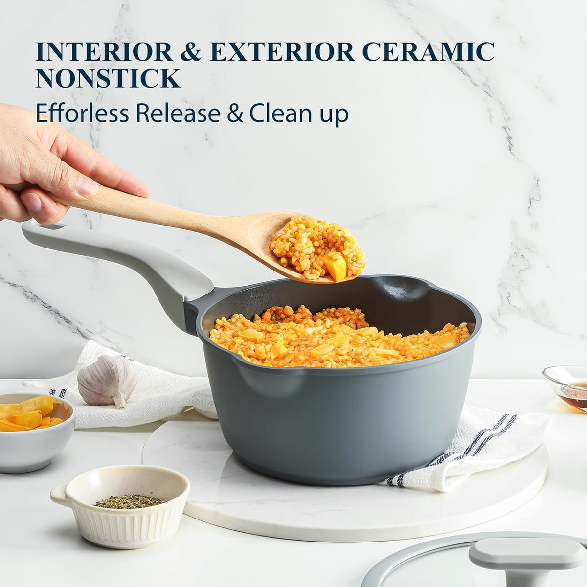 Nonstick Saucepan with Lid, 2.7 Quart Ceramic Sauce Pan, Non Toxic Sauce Pot with Pour Spouts for Multipurpose Use, PTFE, PFOA & PFAS Free, Induction Compatible.