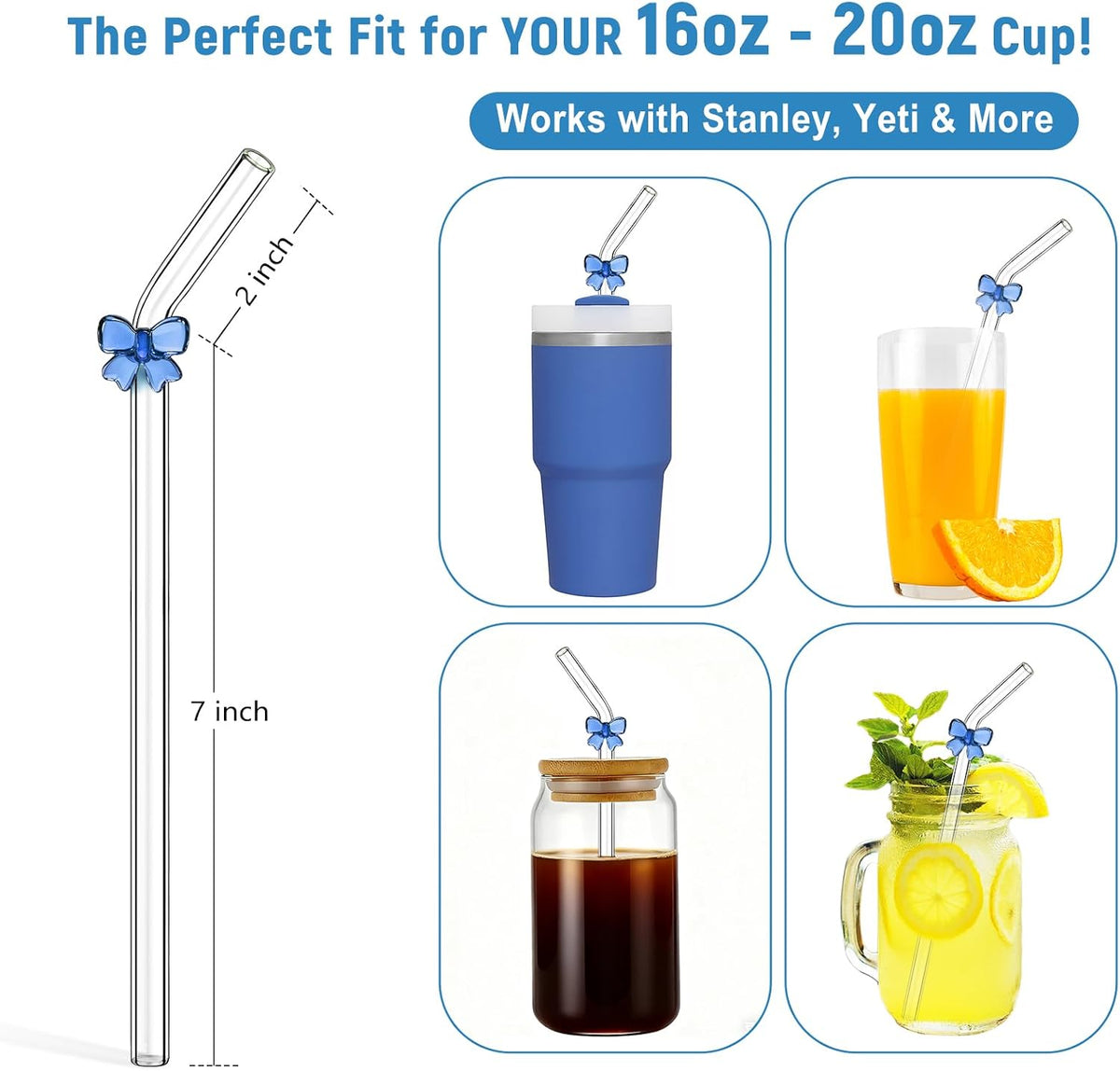 8 Pack Blue Bow Glass Straws with Charms, 9inch 8mm Bent Borosilicate straw | Blue bow details bring a clean coastal-preppy accent to iced coffee and brunch, drinking straws for a calm, coordinated setup