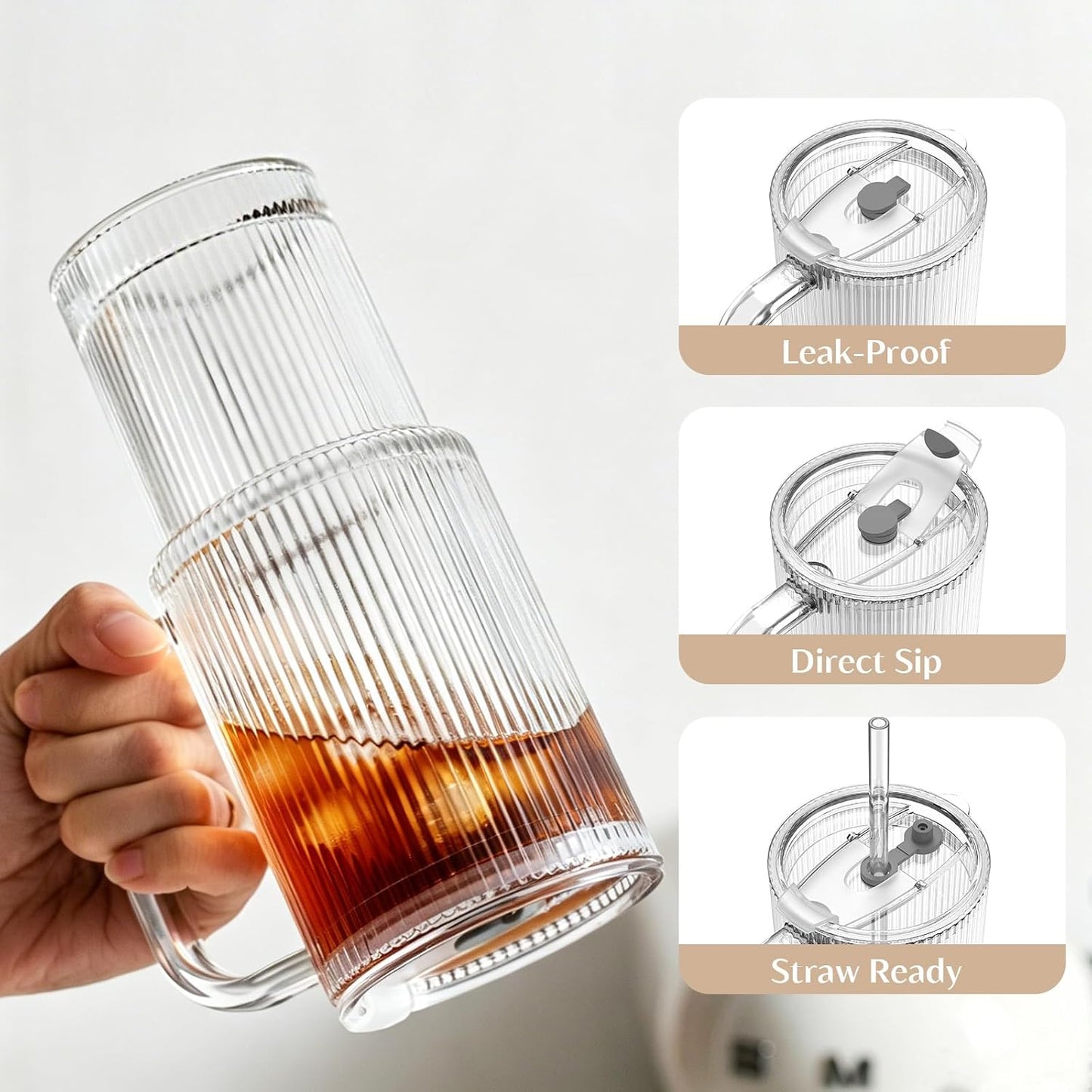 INSETLAN 24 oz Ribbed Glass Tumbler with Handle, 2-Pack Iced Coffee Cups | Modern Glass Cups with Lids and Straws for Cold &amp; Hot Beverages, Aesthetic Travel Cup for Smoothies, Tea, and Juice