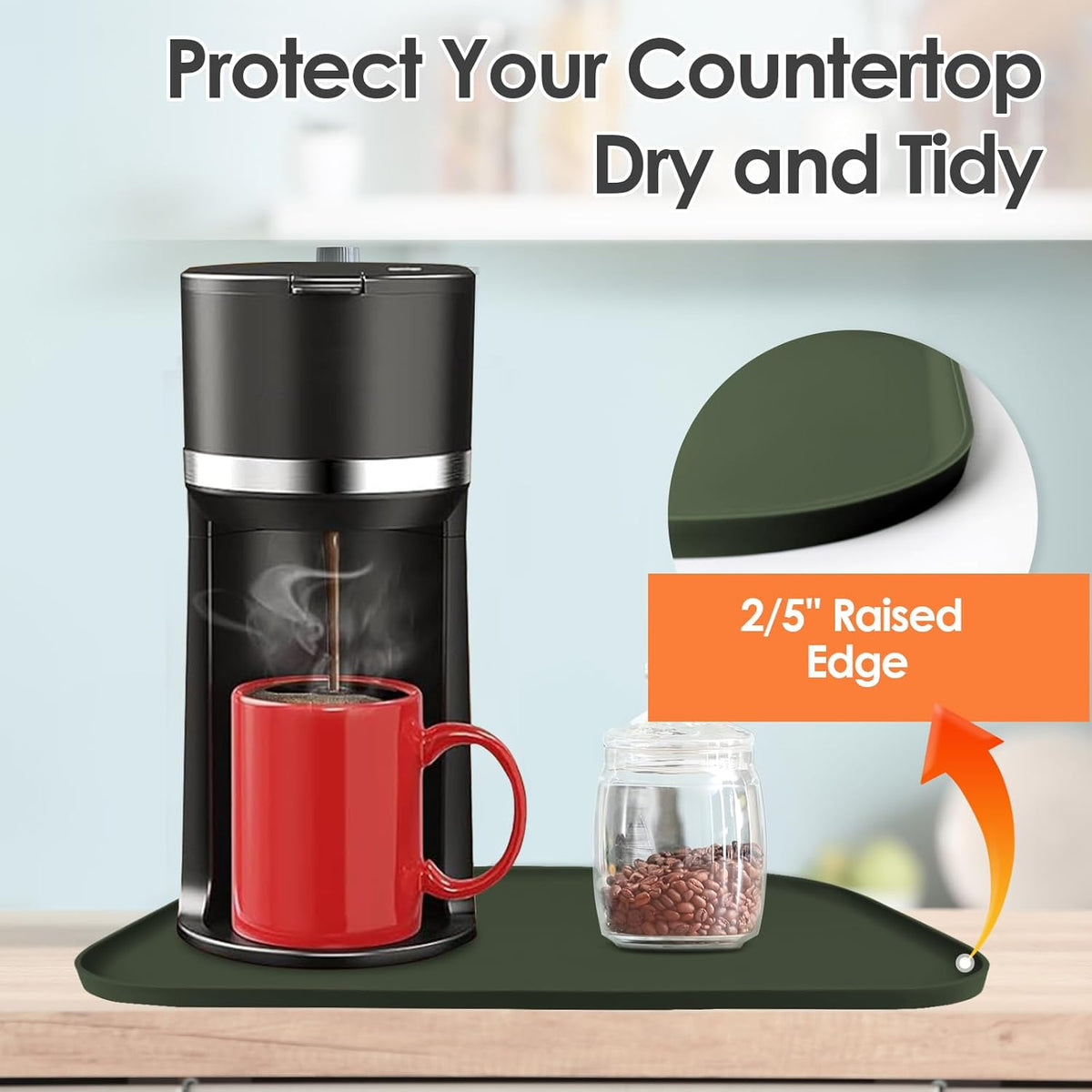Silicone Coffee Maker Mat with Lip, 17.4'' x 10.6'' Heavy Duty Coffee Maker Mat for Countertops, Coffee Tray Fit Under Coffee Machine Appliance Automatic Machines Espresso Accessory, Dark Olive