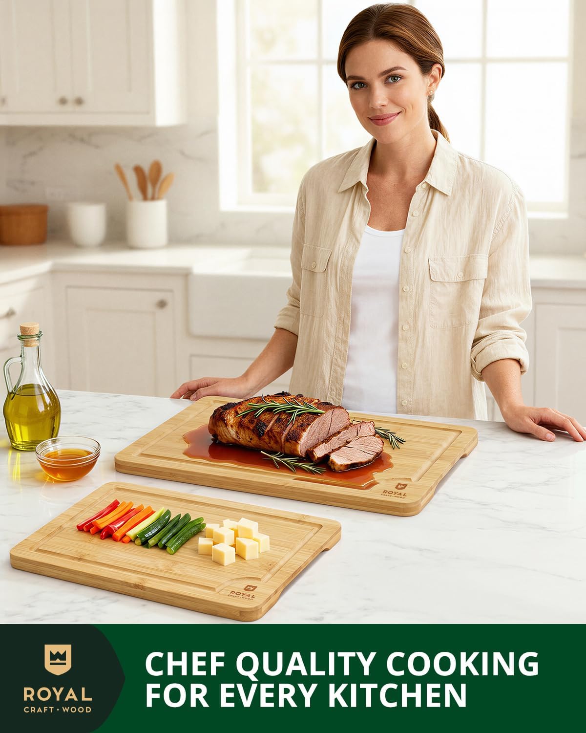 ROYAL CRAFT WOOD Wooden Cutting Boards for Kitchen Meal Prep &amp; Serving - Bamboo Wood Serving Board Set with Deep Juice Groove Side Handles - Charcuterie &amp; Chopping Butcher Block for Meat