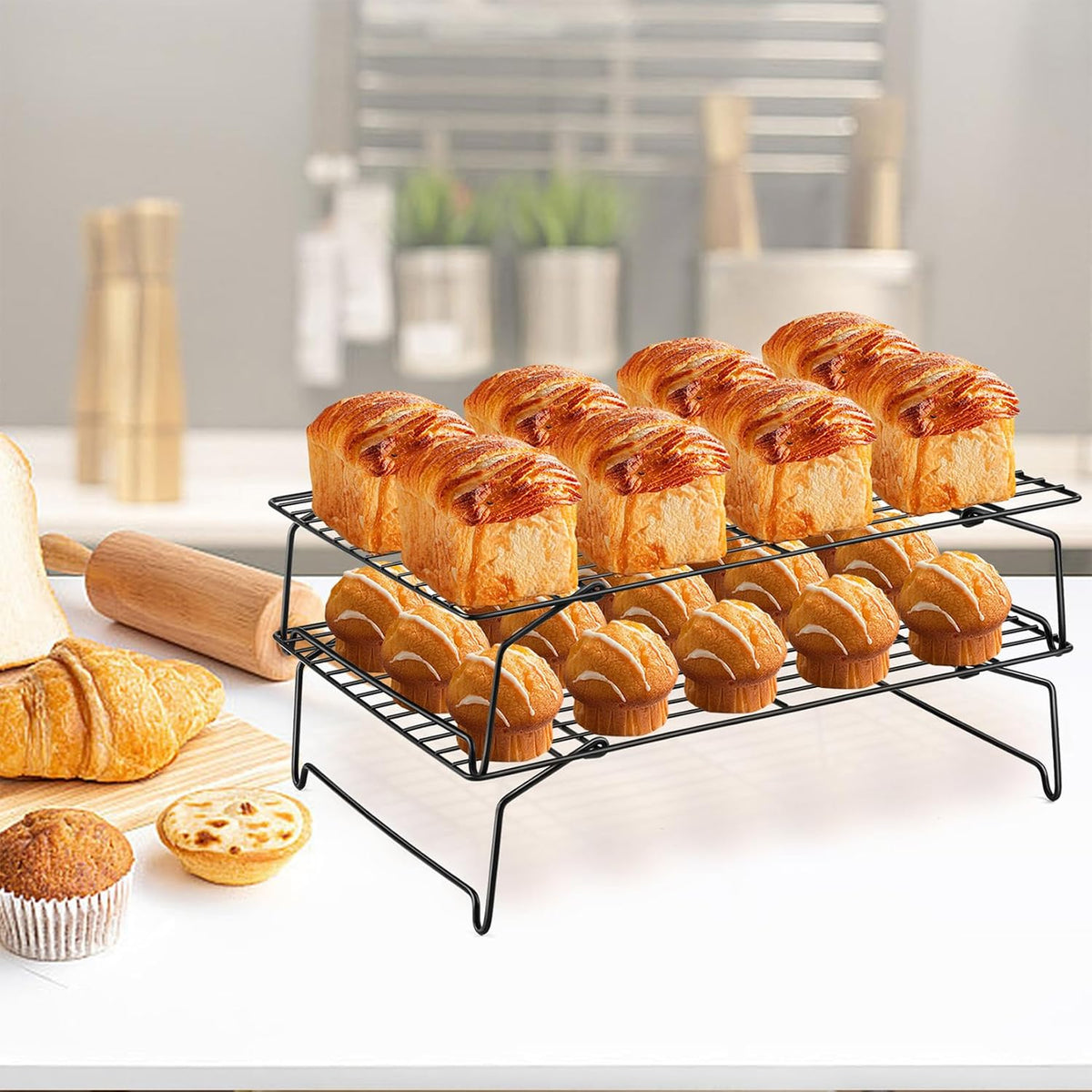 P&amp;P CHEF Cooling Rack Set of 2, 2-Tier 15" x 10" Stackable Rack, Black | Stainless Steel Stackable Wire Cooling Racks for Baking Cooking Roasting, Collapsible &amp; Heavy Duty, Oven Safe &amp; Easy Clean