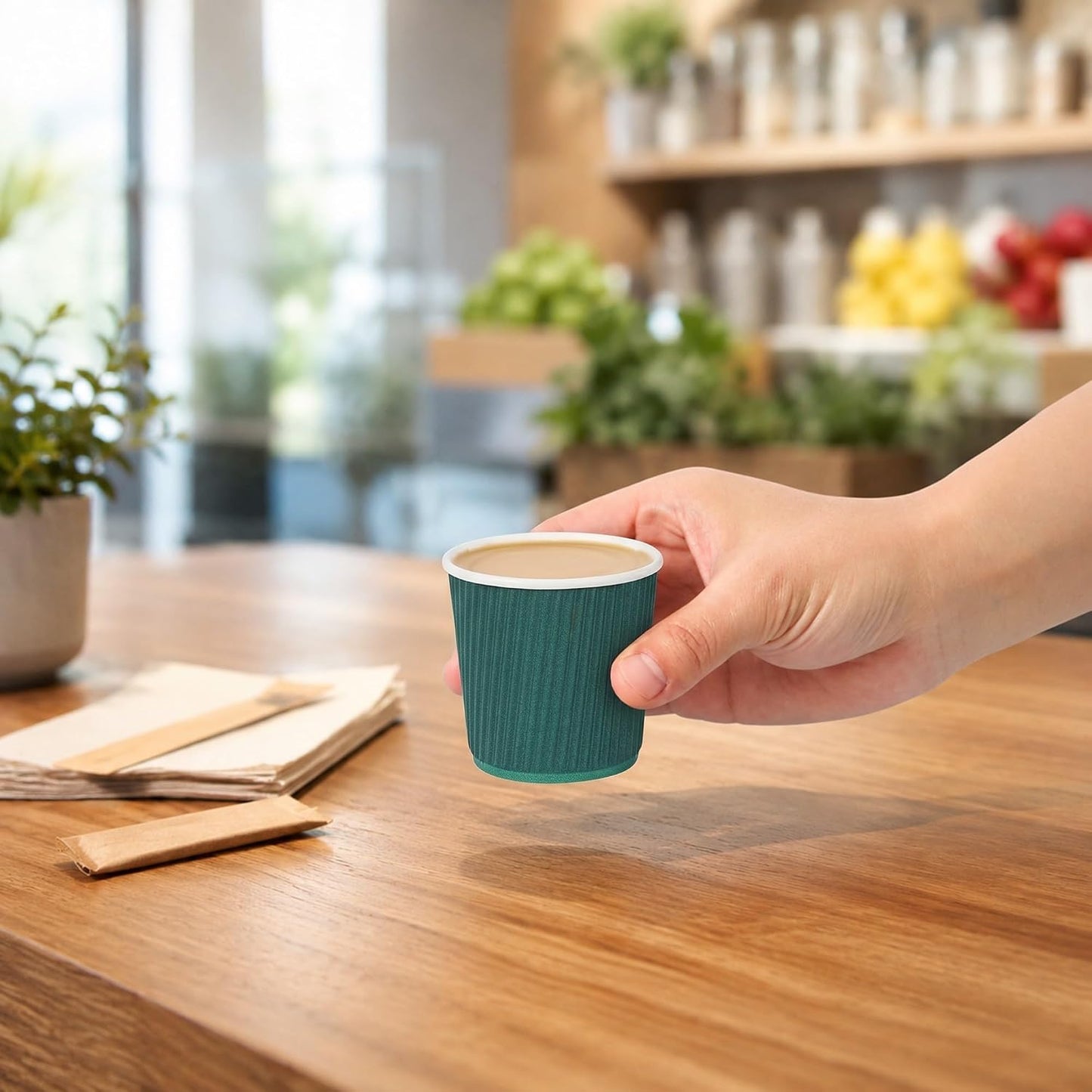 Restaurantware Ripple Wall Coffee Cups 500 Count 4 Ounce Insulated Forest Green Paper Cups, Rolled Rim Spill-Resistant Disposable Paper Non-Slip for Coffee, Beverages