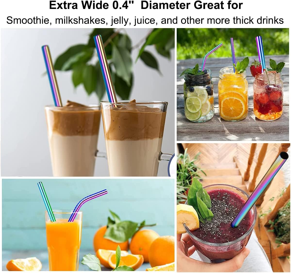 Vinaco 4 Pcs Rainbow 0.4" Wide Bore Reusable Stainless Steel Smoothie Straw