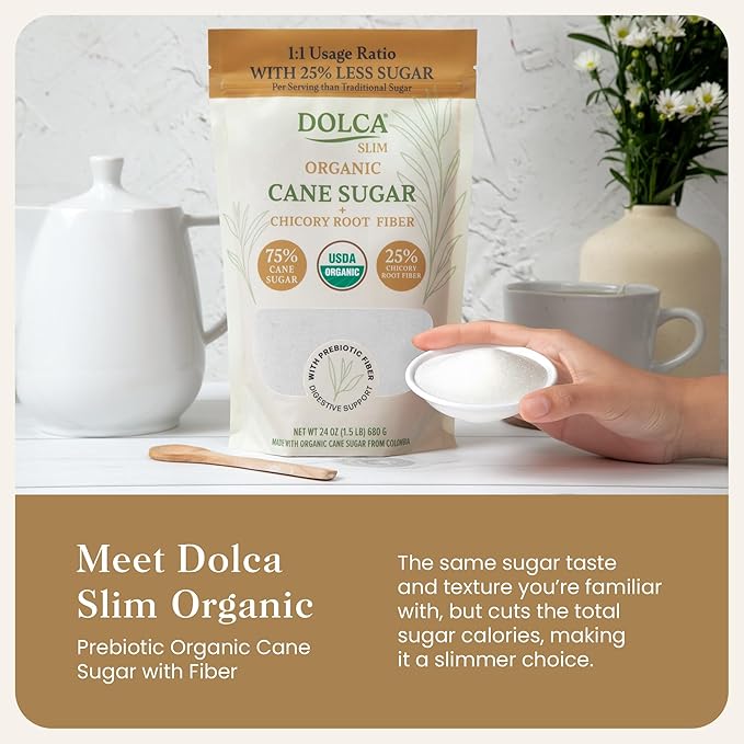Organic Cane Sugar with Prebiotic Fiber – Dolca Slim – 25% Less Sugar, Same Taste & Texture – Sweetness for Coffee, Tea & Baking – Bakes, Browns & Measures 1:1 – No Artificial Sweeteners