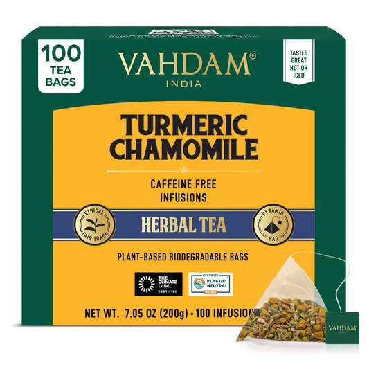 VAHDAM Turmeric Chamomile Tea(100 Pyramid Teabags) Caffeine Free Herbal Tea
