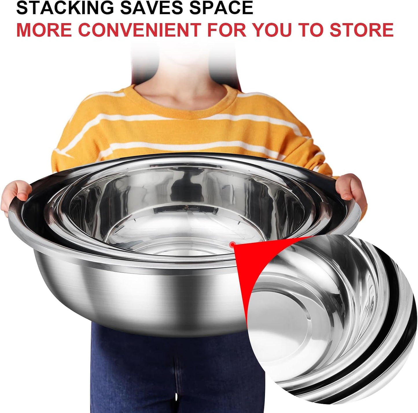 Set of 3 Extra Large Stainless Steel Mixing Bowls Large Mixing Container Easy to Clean, Nesting Bowls for Space Saving Storage for Cooking, Baking(201 Stainless Steel,13, 16, 20 Quart)