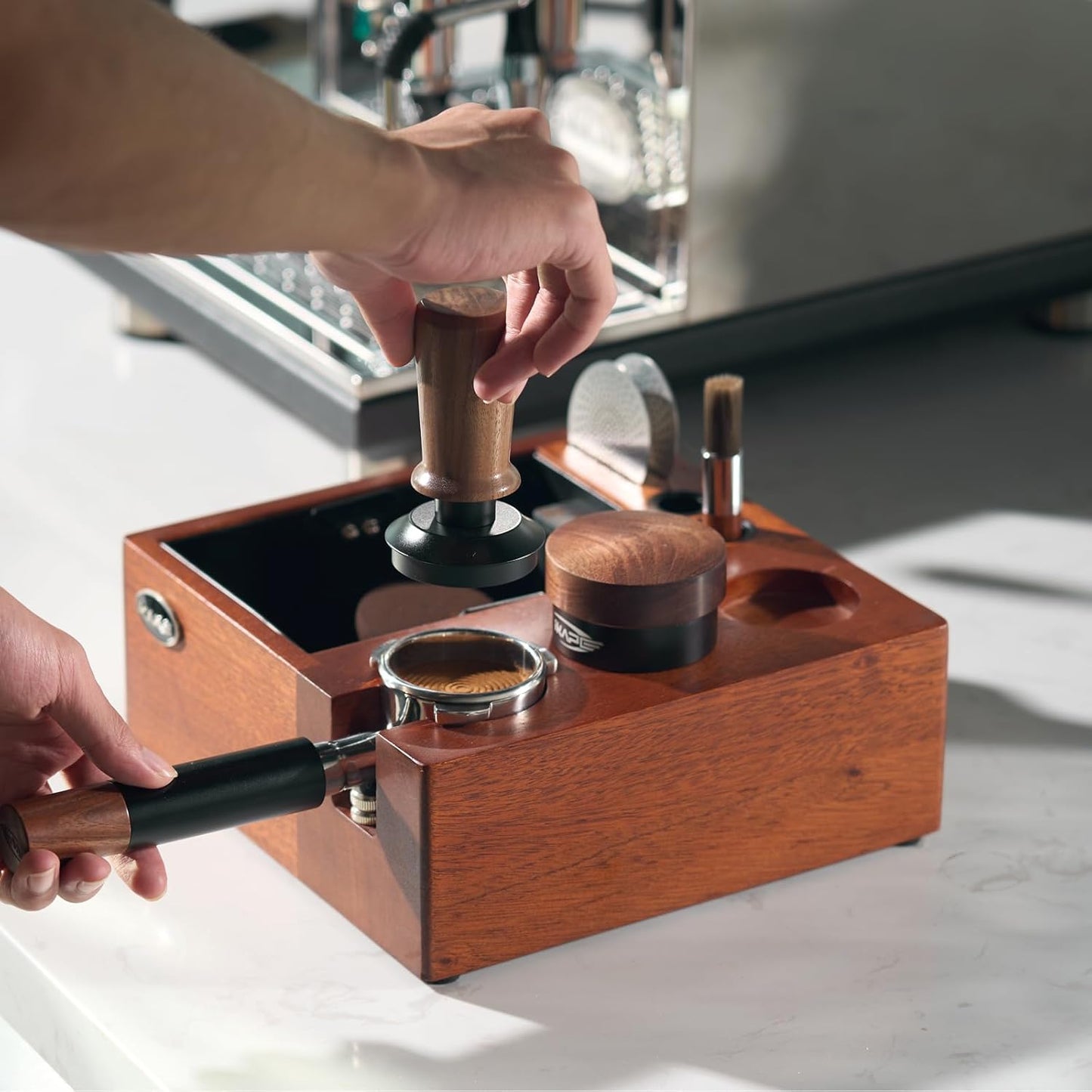 IKAPE V2 Espresso Knock Box, Espresso Coffee Organizer Box Fit for Storage 51 to 58MM Espresso Tamper, Distributor, Portafilter & Puck Screen Accessories, Natural Walnut Station Base (8 IN One)