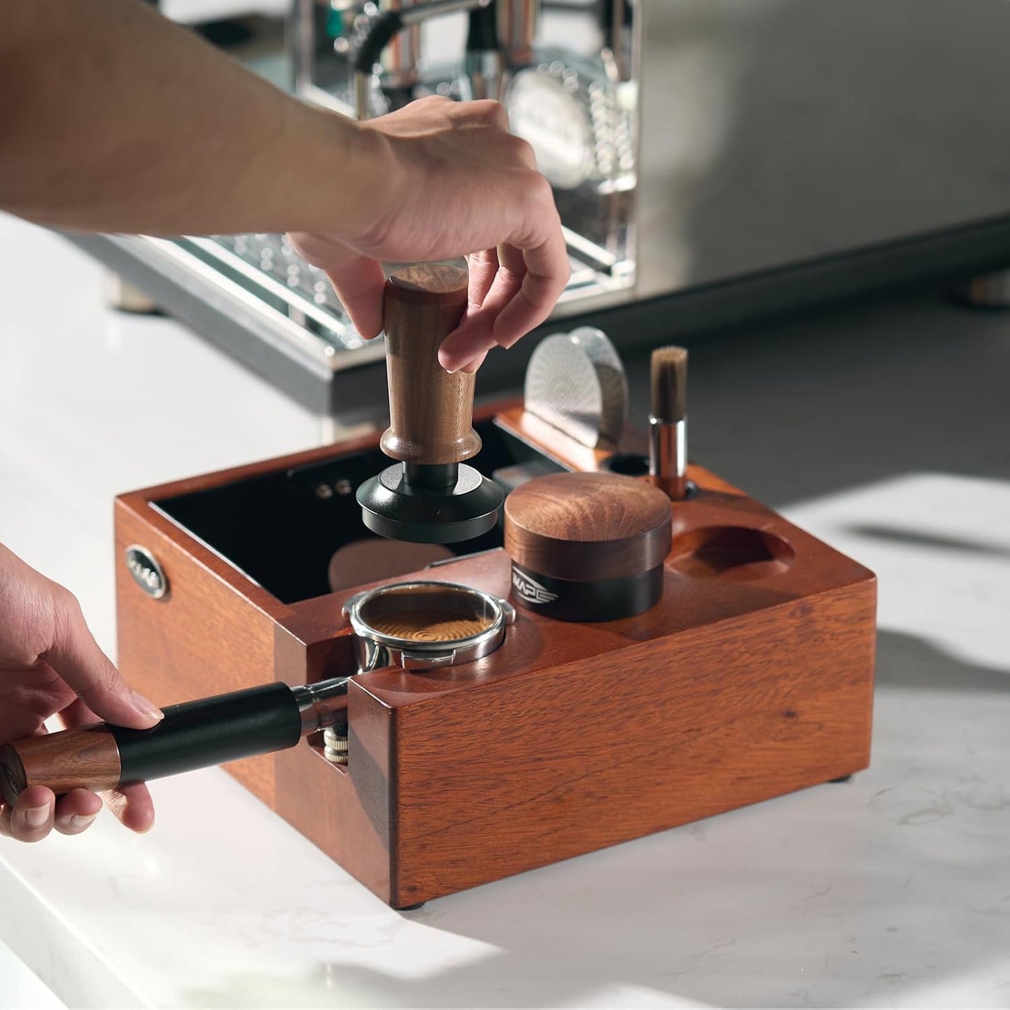 IKAPE V2 Espresso Knock Box, Espresso Coffee Organizer Box Fit for Storage 51mm 53/54mm 58mm Espresso Tamper, Distributor, Portafilter &amp; Puck Screen Accessories, Natural Walnut Station Base (8 IN One)