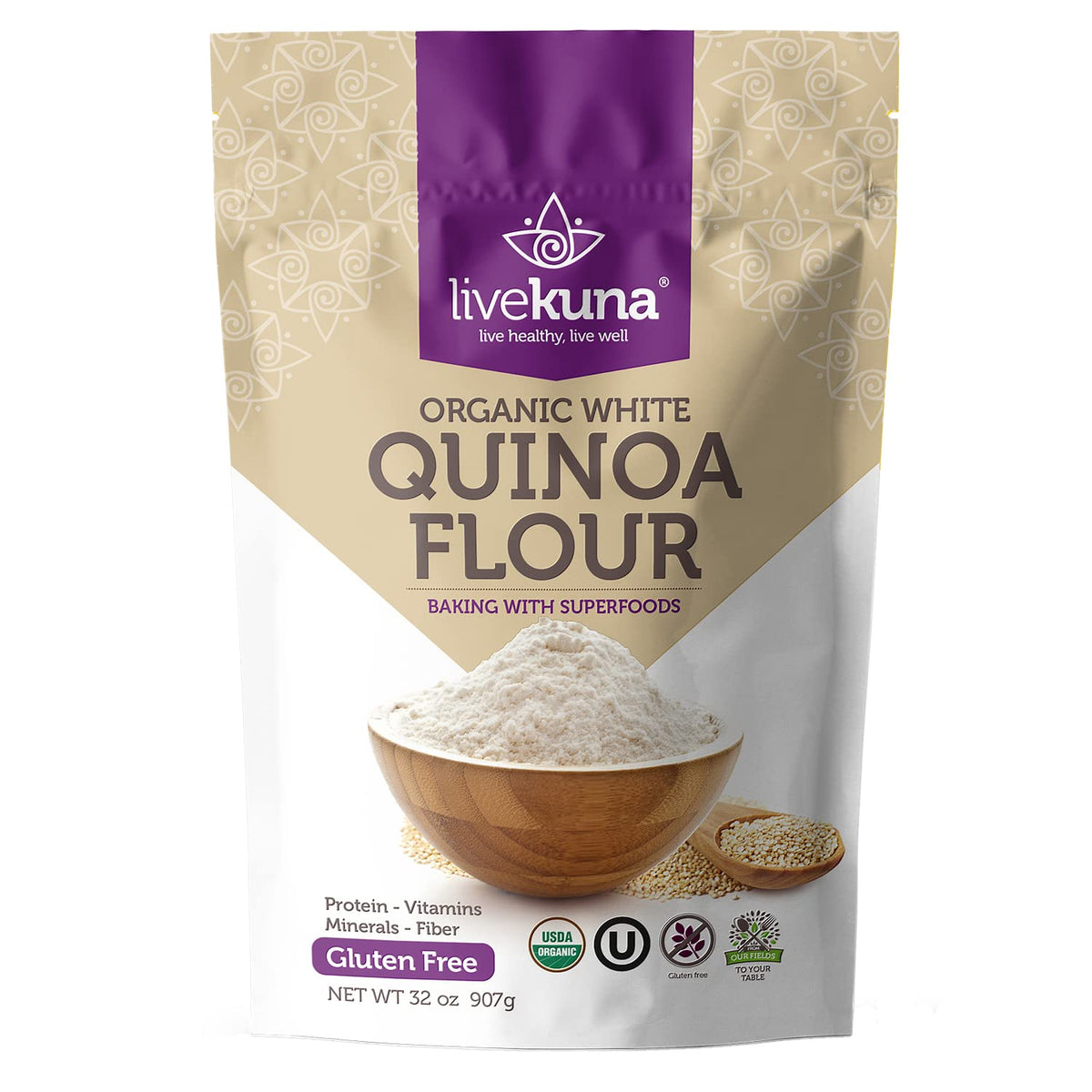 LiveKuna Organic Quinoa Flour, Gluten-Free Baking Flour, 32 oz