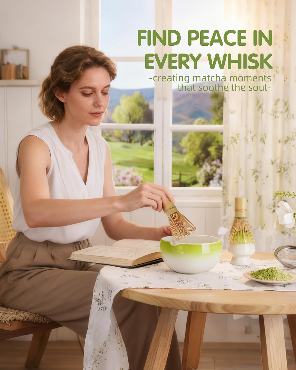 ZENS Premium Matcha Whisk Set, 6pcs Matcha Kit for Tea Ceremony, Green | Complete Matcha Set Whisk and Bowl, Bamboo Whisk, Chasen Holder, Scoop, 304 Sifter and Tea Mat for Latte Making