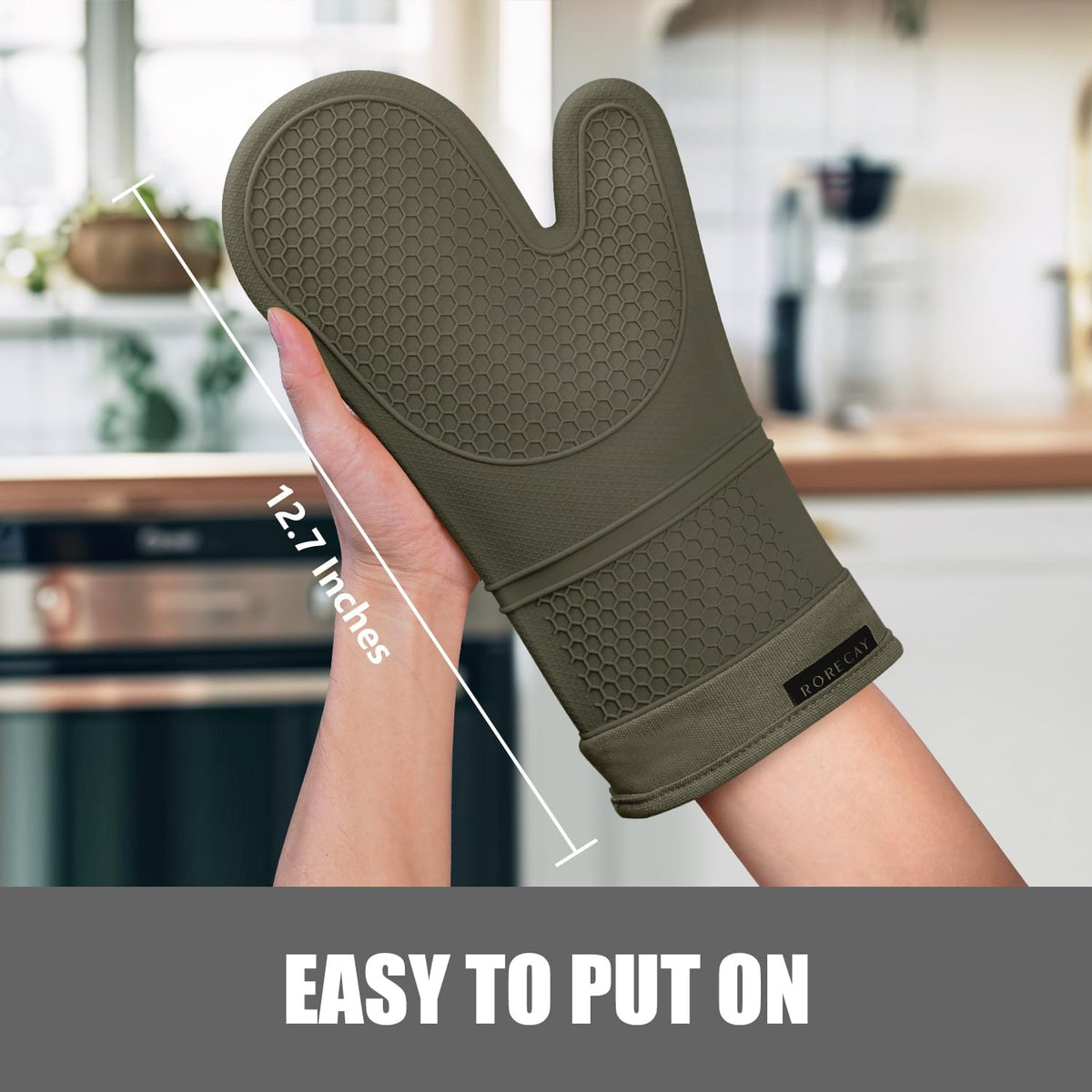 RORECAY Silicone Oven Mitts and Pot Holders Sets, Gloves for Kitchen, Olive | Set of 6 Kitchen Mitts for Baking &amp; Cooking, Heat Resistant 500 ℉, 12.7" Extra Long, Non-Slip &amp; Waterproof, Quilted Cotton
