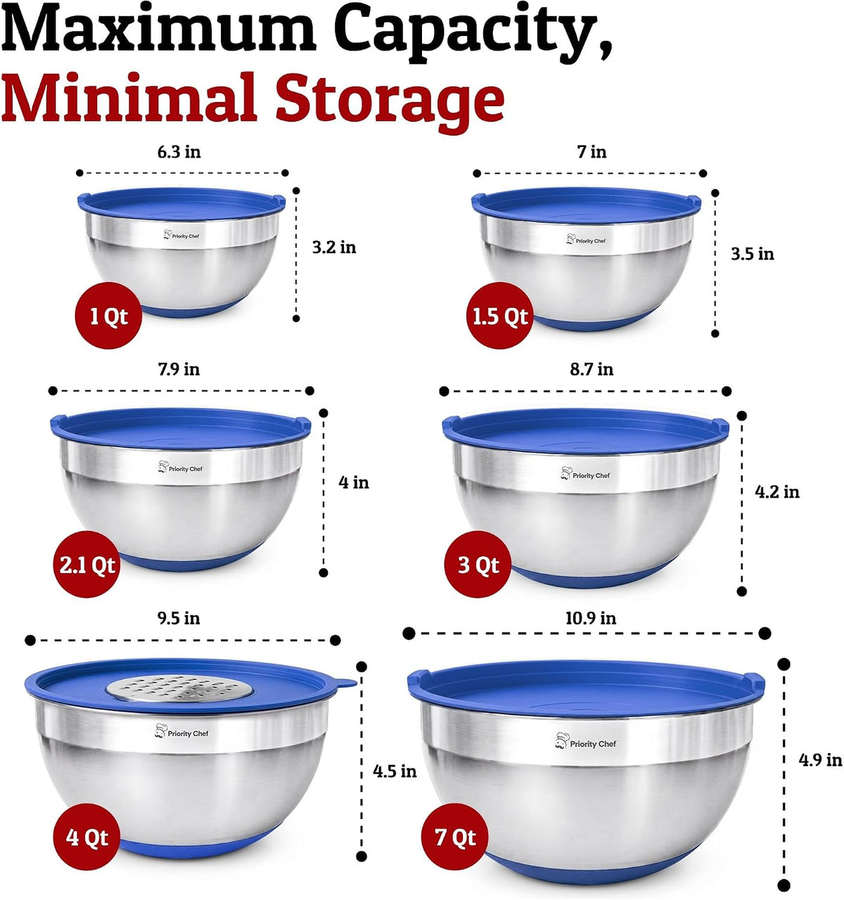 Priority Chef 6Pc Stainless Steel Mixing Bowls with Lids Set, Huge 7 Qrt Size Metal Bowl Set for Kitchen, 3 Graters, Non-Slip Bases &amp; Silicone Utensils Set, Blue