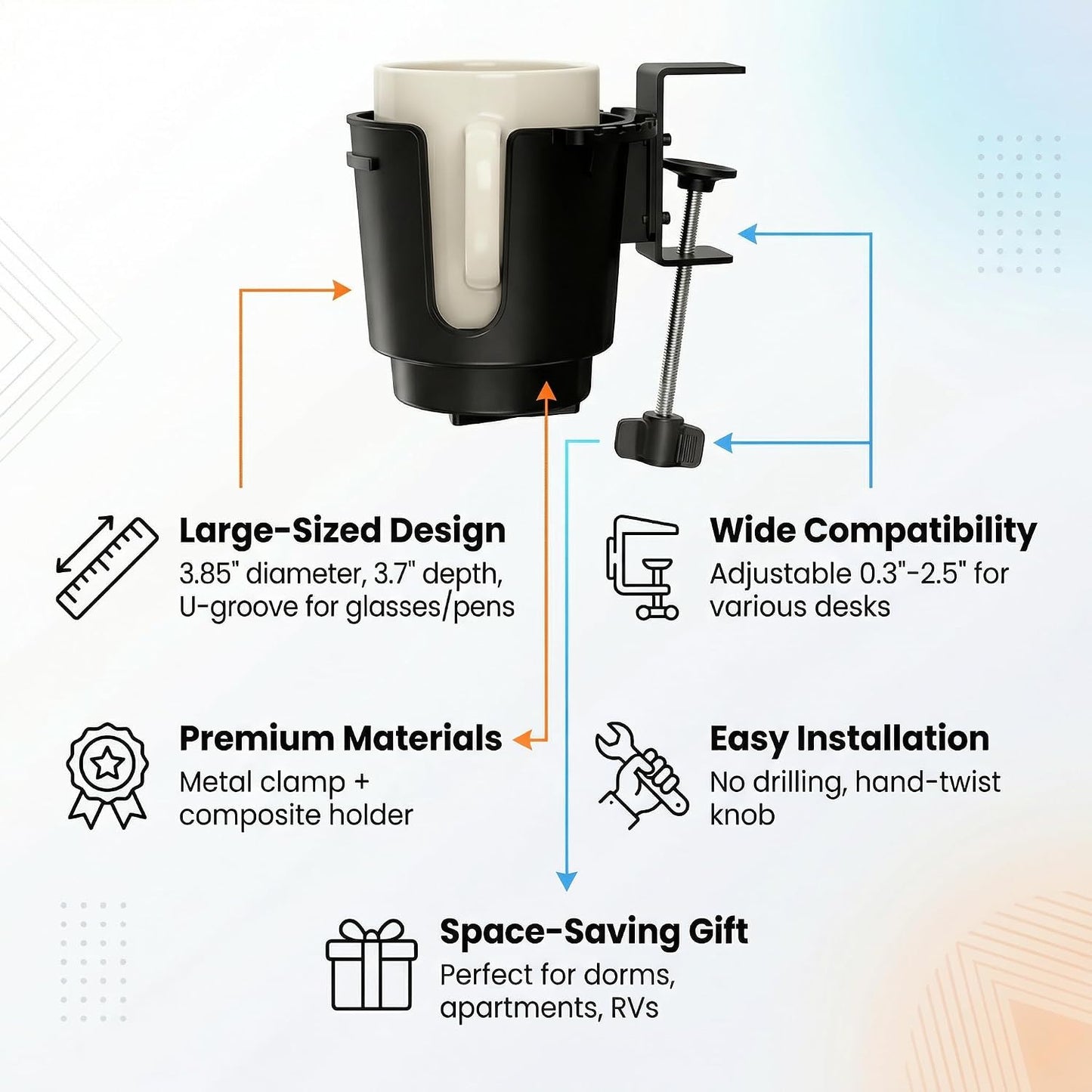 Desk Cup Holder with Metal Clamp, Clip on Cup Holder for 8-28oz Bottles