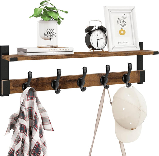 Homode Coat Rack Wall Mount, 29 Inch Long Shelf with Hooks, Wood Entryway Shelf with 5 Hangers for Hanging Hat Jacket