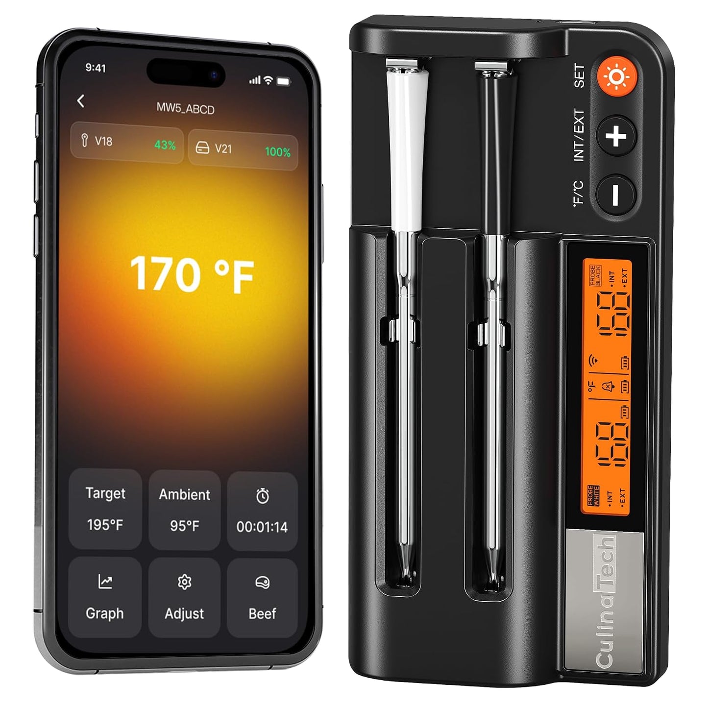 750ft Wireless Meat Thermometer Long Range for Smoker, BBQ &amp; Rotisserie, 2 Probes Smart Bluetooth Thermometer Dual Sensor Waterproof Probe with LCD Base Station Display &amp; App Control