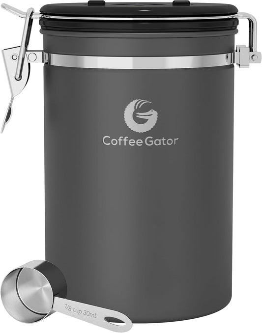 Coffee Gator Coffee Canister, 22oz Airtight Stainless Steel Kitchen Food Storage Container with Date-Tracker, CO2-Release