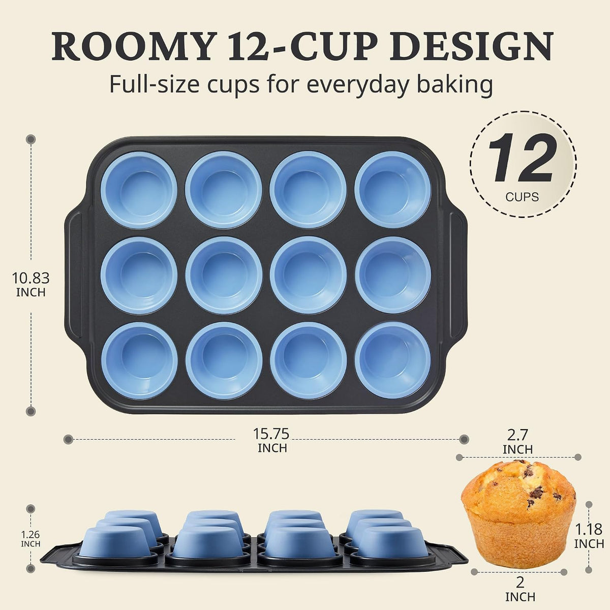 BRONYPRO Silicone Muffin Pans for Baking with Metal Frame, Egg Bite Molds, 12-Cup Regular Size Cupcake Pan, Easy-Release Nonstick Food-Grade Silicone, Cleaning Brush Included, Oven Safe, Blue