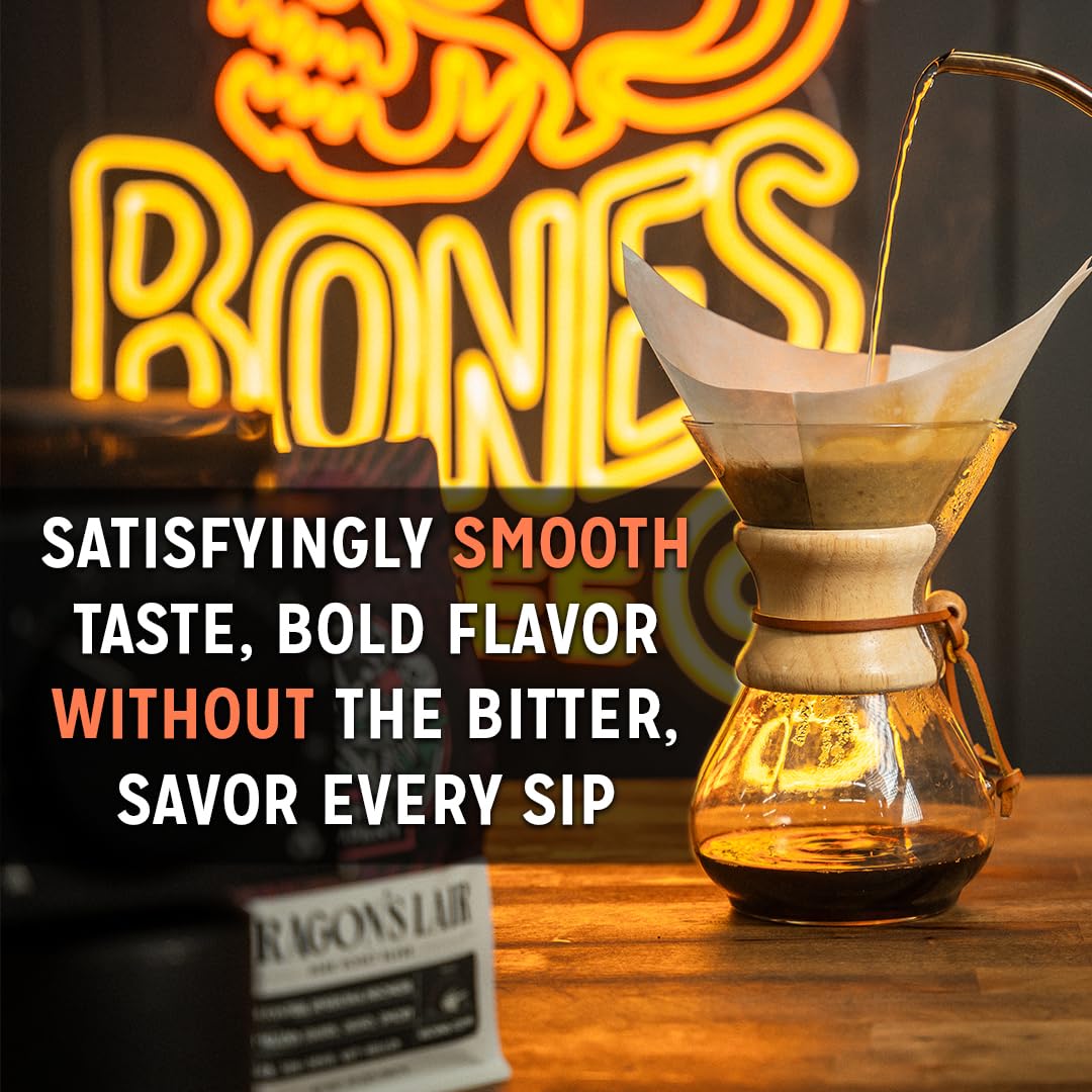 Bones Coffee Company Shark Bite, Buttered Rum Flavored Coffee, Medium Roast Low Acid Arabica Beans Compatible with Auto drip and French Press Coffee Maker, 12 Oz Ground
