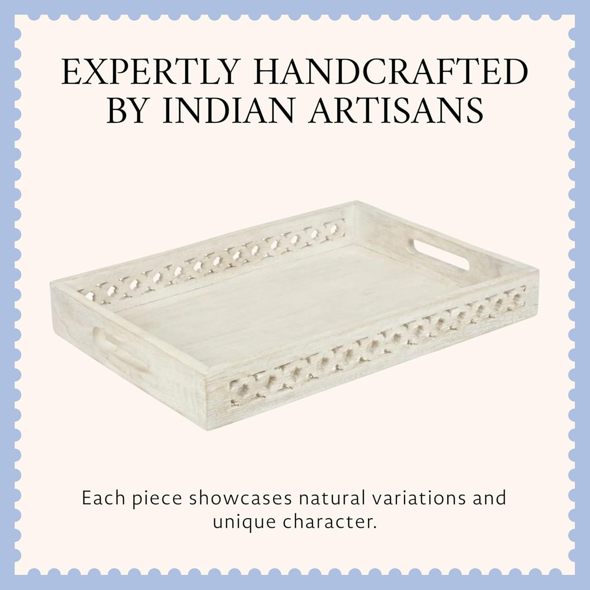 Mela Artisans Trellis Mango Wood Serving Tray - Whitewash, 16x12 in | Handcrafted wooden tray with handles for coffee table accents, kitchen countertop storage, snacks and general home decor.