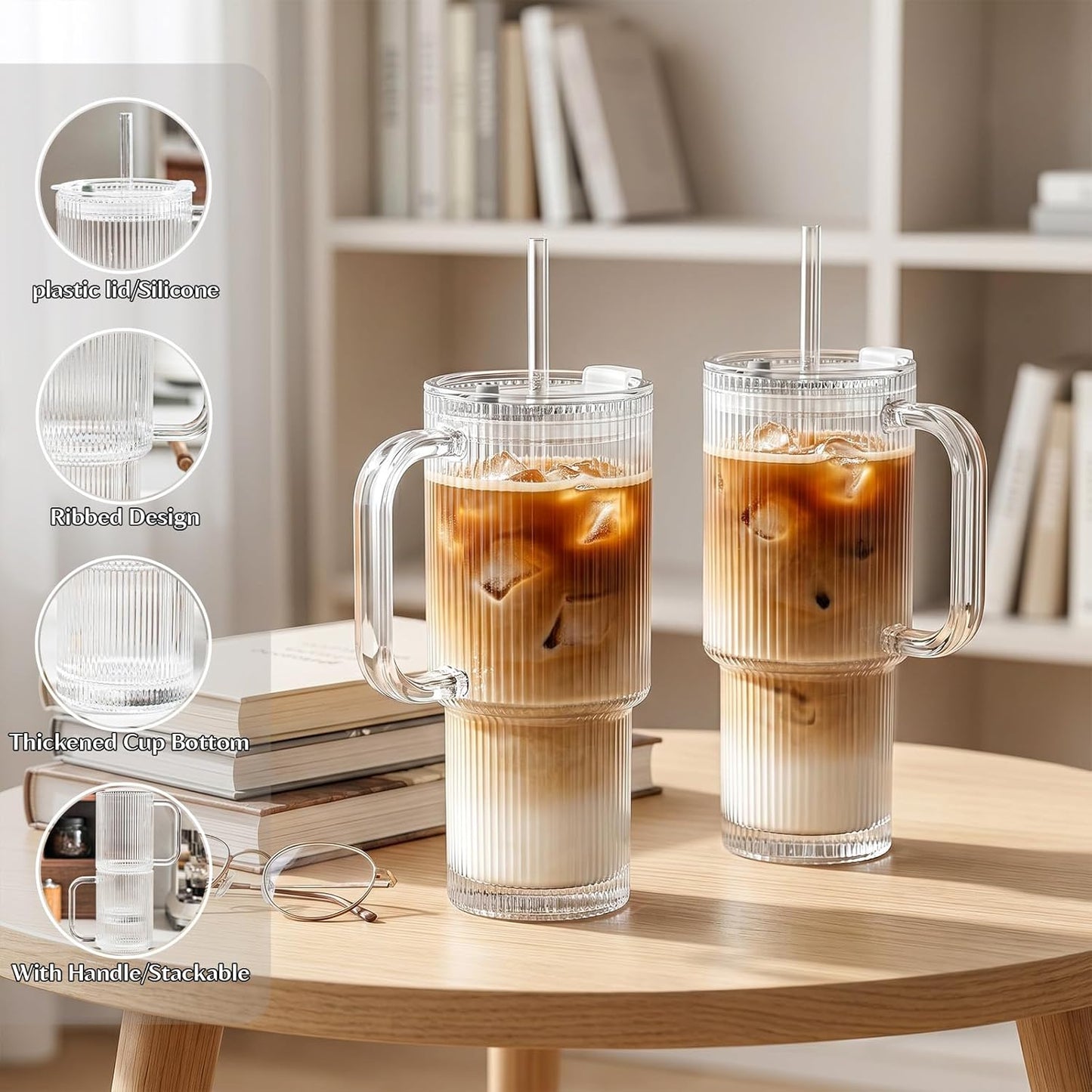 INSETLAN 24 oz Ribbed Glass Tumbler with Handle, 2-Pack Iced Coffee Cups | Modern Glass Cups with Lids and Straws for Cold &amp; Hot Beverages, Aesthetic Travel Cup for Smoothies, Tea, and Juice