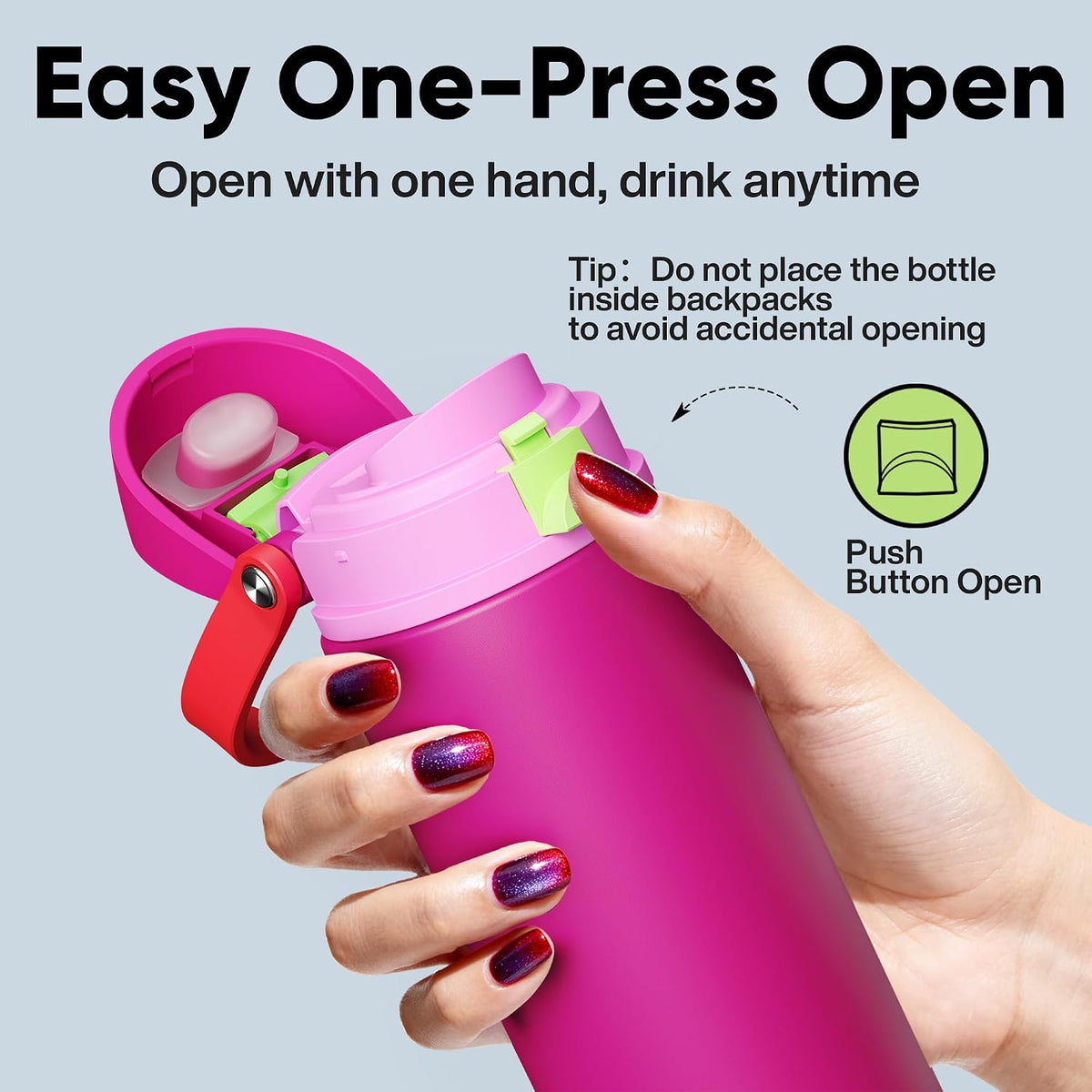 Insulated Water Bottle with Straw - Encool Stainless Steel Water Bottle with Push Button Lid, Leak-Proof &amp; BPA-Free, Keeps Cold for 24 Hours for Sports, Travel, Gym (24 oz, Cerise Pink)