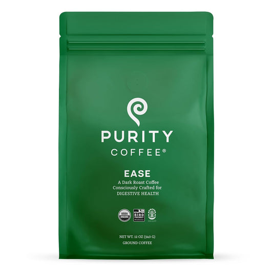 Purity Coffee EASE Dark Roast Ground Coffee for Low Acidity - USDA Organic and Third-Party Tested for Antioxidants, Mold,