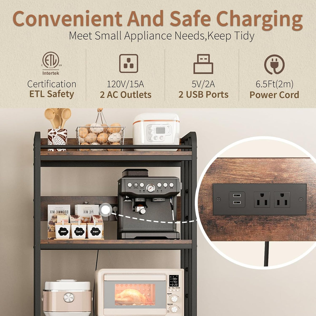 METYERRY Microwave Stand with Storage, 4-Tier Kitchen Bakers Rack with Power Outlet and USB Charging Ports, Rolling Kitchen Cart with Lockable Wheels and Adjustable Shelves for Coffee Bar, Rustic Brow