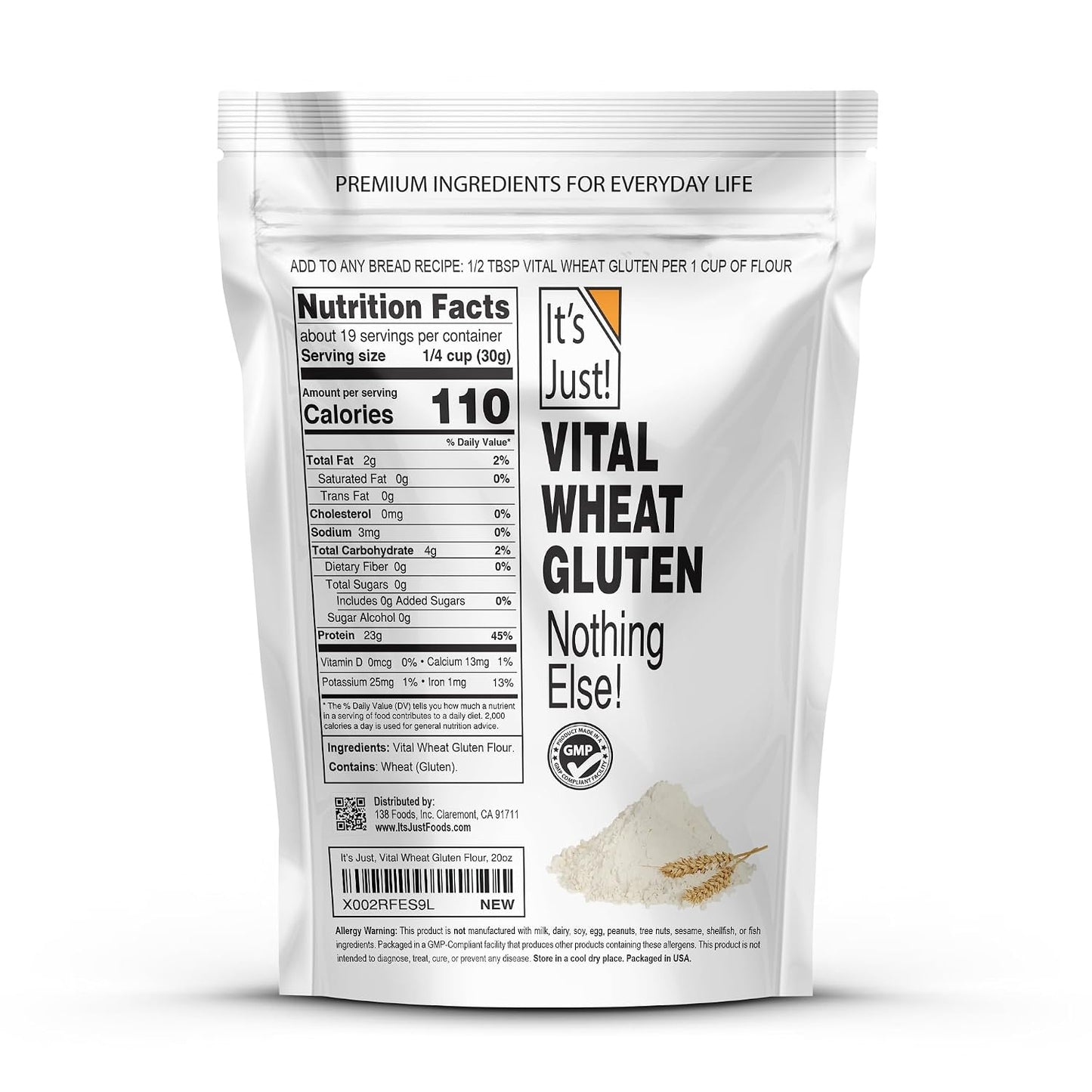 It's Just! Vital Wheat Gluten Flour - High Protein, Vegan, Low Carb, Keto Friendly - 20 oz